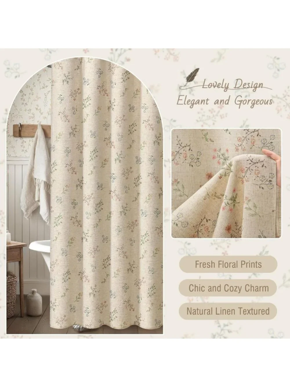 Vintage Floral Linen Shower Curtain | French Country Farmhouse Decor | 72x72